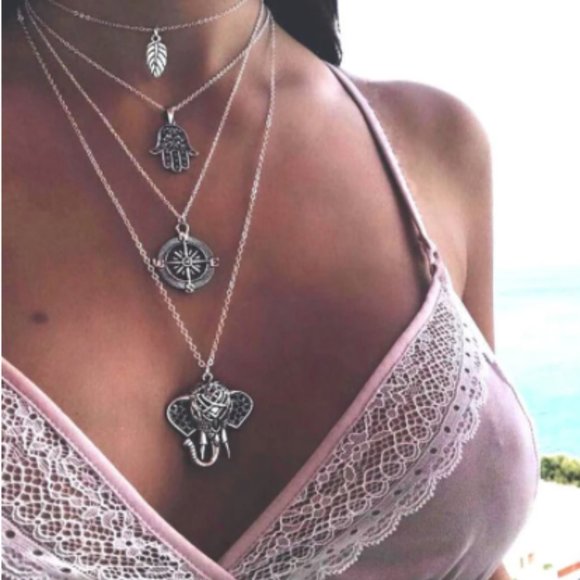 Silver Elephant Hamsa Hand Leaf Compass Necklace - Picture 1 of 1